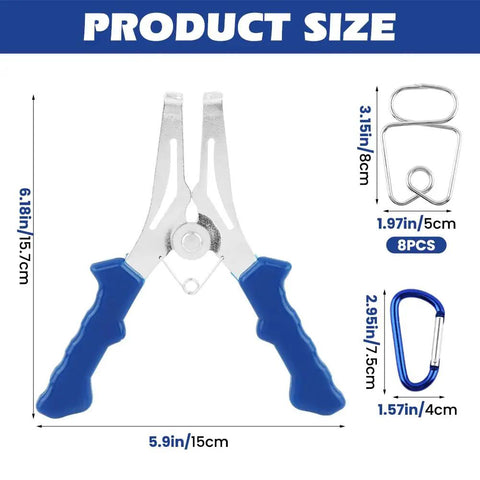 Spring Loaded Miter Clamp Kit, 10 Pack With Pliers And 8 Stainless Bevel Clips, Blue Metal Fasteners product size illustration