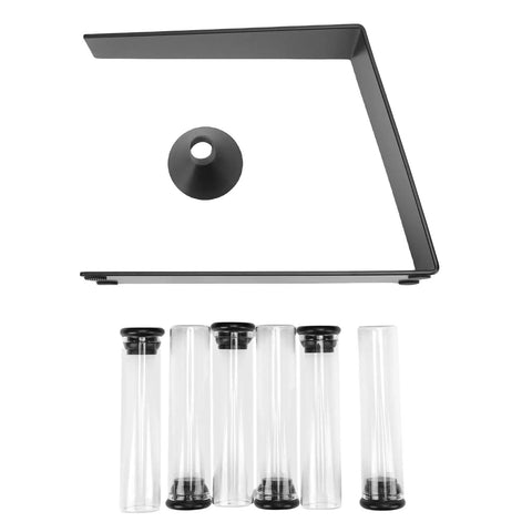 Glass Coffee Bean Storage Tubes Set Of Six With One Way Degassing Valve And Magnetic Stand And Single Dose Espresso Dosing Vials includes six clear vials and a funnel.