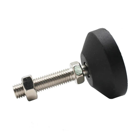 Rock Solid Adjustable Leveling Feet With Swivel Base And Smooth Glide Pads Heavy Duty Stainless Steel Articulating Screw Legs M8 Thru M24 close-up view of nylon base and threaded leg.