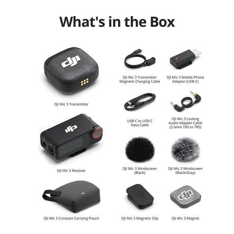 Mic 3 Wireless Microphone System With 2 Transmitters And 1 Receiver, Charging Case, Pro Grade Mini Clip On Lavalier Mics Bundle With Deco Essentials Clip On Lapel Mics, Great For Vlogging, Interviews, Live Streams And On Camera Audio - product components in box.