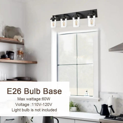 4 Light Black Vanity Light Fixture For Bathroom, Dope Modern Wall Mount With Seeded Glass Shades, 31 inch over kitchen window