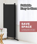 4 Panel Room Divider Privacy Screen Folding 6Ft Tall Freestanding Portable Wall Divider For Room Separation Includes Cover Strips Black 136W X 71H Durable Finish in folded position next to a window.