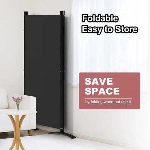 4 Panel Room Divider Privacy Screen Folding 6Ft Tall Freestanding Portable Wall Divider For Room Separation Includes Cover Strips Black 136W X 71H Durable Finish in folded position next to a window.
