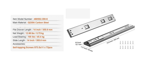 14 inch Full Extension Drawer Slides With Steel Track for cabinets, 100 lb load, dimensions with screws shown