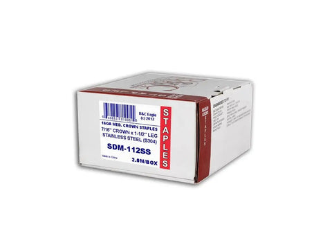 Box of Heavy Duty One And One Half Inch Staples For Seven Sixteenth Inch Medium Crown Staplers Sixteen Gauge S304 Stainless Steel Rust Proof
