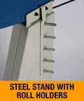 Steel stand with roll holders for Built Like A Tank 24 Inch Metal Bead Roller With Variable Foot Pedal to Form 16 Gauge Mild Steel Panels.