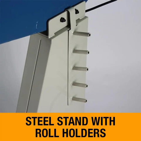 Steel stand with roll holders for Built Like A Tank 24 Inch Metal Bead Roller With Variable Foot Pedal to Form 16 Gauge Mild Steel Panels.