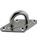 Front view of stainless steel 6mm Pad Eye Plate Hook Set Four Pieces For Suspension Ceiling Hangers And Wall Mounts Marine Grade Anchor Points.