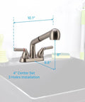 Genuine Utility Sink Faucet Featuring A Breezy Pull Out Sprayer Finished In Brushed Nickel With Straightforward Three Hole Mounting and dimensions shown.