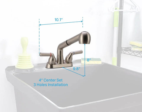 Genuine Utility Sink Faucet Featuring A Breezy Pull Out Sprayer Finished In Brushed Nickel With Straightforward Three Hole Mounting and dimensions shown.