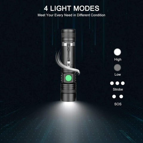 Crazy Bright LED Tactical Flashlight With Rechargeable Battery And Zoomable Beam showing 4 light modes: high, low, strobe, SOS.