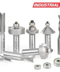 Pro Level Gotta Have 10 Piece Router Bit Set Built For Legit Woodworkers Featuring Heavy Duty Flush Trim And Plunge Template Guides For Crisp Straight Cuts showing metallic router bits and guide bearings.