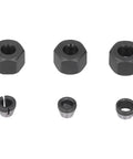 Six Pack 1/4 to 1/8 Collet Adapters for CNC Lathe, Router, and Milling Cutters with screws and nuts, shown in kit components.