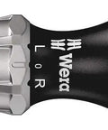 Ratcheting 7 Pc Screwdriver Set With 1 Quarter Inch Drive, Fine Tooth Ratchet, stainless sleeve, ergonomic handle, side view.