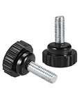 Kickass Grip M6 Metric Male Thread Knurled Clamping Knobs In Matte Black Deliver Zero Sweat Adjustments Whenever You Need Them Shop Shelf Hero For Cnc Routers Woodworking Jigs And Furniture Assembly Four Piece Kit, two black knurled knobs with metal threads.