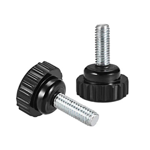 Kickass Grip M6 Metric Male Thread Knurled Clamping Knobs In Matte Black Deliver Zero Sweat Adjustments Whenever You Need Them Shop Shelf Hero For Cnc Routers Woodworking Jigs And Furniture Assembly Four Piece Kit, two black knurled knobs with metal threads.