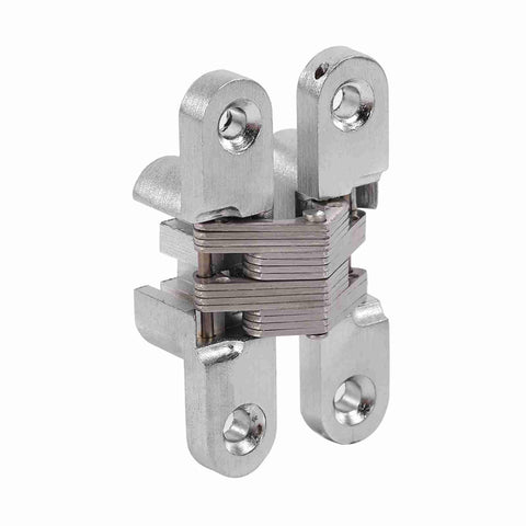 180 Degree Zinc Alloy Invisible Folding Door Hinges For Cabinets And Sliding Doors Rustproof Stainless Steel Cross Hidden Hinges Tough As Nails Built To Last Heavy Duty And Durable 43.7mm 60.4mm 68.8mm 94mm Sizes, close-up view of rustproof stainless steel hinge showing pivot points and mounting holes.