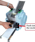 Zero Drama Automatic Dumpling Skin Maker and Stainless Steel Dough Press in use, highlighting dough feeding process for uniform wrappers.