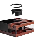 Top Shelf Solid Walnut Espresso Knockbox Station With Five Dedicated Slots For 51 54 And 58 Millimeter Portafilters, includes black colander.