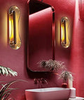 Premium Handcrafted Glass Wall Sconces For Bedroom And Living Room Solid Stainless Steel Bedside Lighting Fixture With Glare Free Soft Glow That Hits Different Crisp Build Delivers Sick Vibes Today in modern pink bathroom with mirror.