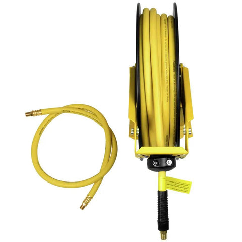 Double Arm Air Hose Reel With Three Eighths Inch By Fifty Feet Premium Rubber Hose Retractable Steel Construction Heavy Duty Build For Pro Grade Jobsite Air Tool Setup showing yellow hose coiled on reel.