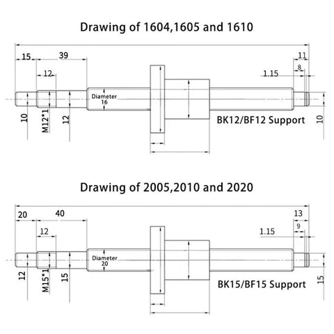 Drawing of Premium 1pc C5 Precision Ballscrew Kit SFU1605 Or SFU2005 with Ball Nut dimensions for CNC machines.
