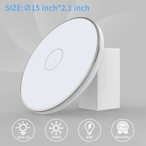 15 Inch LED Flush Mount Ceiling Light 40W 3800 Lumens Daylight 5000K Waterproof Round Fixture high-angle view on white background