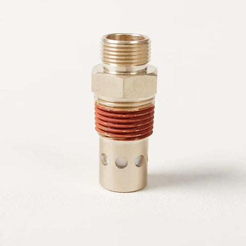 Air Compressor Check Valve Brass Half Inch NPT And Half Inch CFPC Fittings For Valve Replacement Backflow Prevention And Full Flow Durable Metal Construction Fits 0.75 By 0.75 By 2.13 Inches Easy Install, showing side view with threaded ends and red ring.