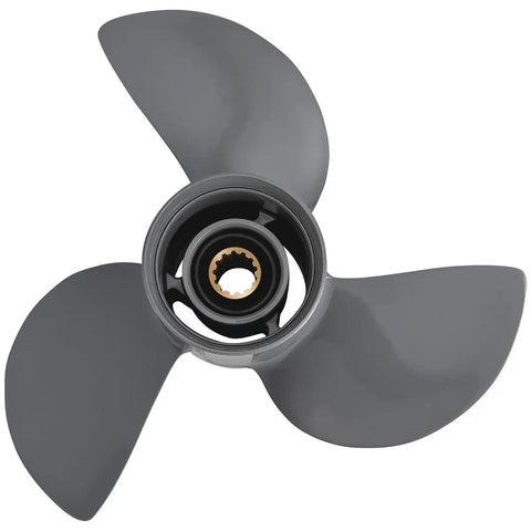 Aluminum Outboard Boat Propeller For 35 To 60 HP Motors Three Blade Right Hand Rotation Gearcase Thirteen Spline Diameter Eleven And One Eighth Inches Pitch Fourteen Inches top view