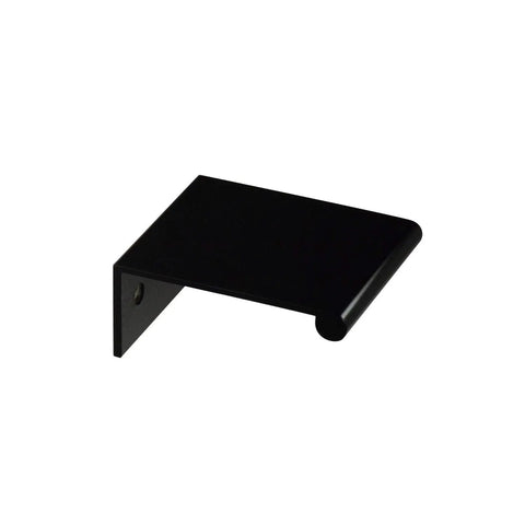 Close-up of a matte black lightweight aluminum back mount finger edge pull handle with easy grip for cabinets and drawers, 1.5 inch.