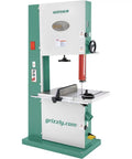 24 Inch Industrial Bandsaw With 7.5 HP 3 Phase Power Dual 4 Inch Dust Ports Ball Bearing Blade Guides Quick Release Blade Tension Beefy Heavy Duty Build For Rugged Woodworking And Metal Projects in green and silver casing.