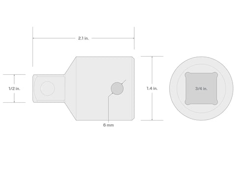 Diagram showing dimensions of 3/4 Inch Drive To 1/2 Inch Drive Reducer Adapter with Detent Grooves and Locking Hole.