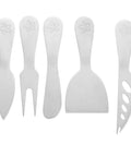 Five Piece Cheese Knives Set Stainless Steel Grab And Go Design For Home Camping And Picnics Easy Cutting Spreader Tools For Cream Cheese Jam And Soft Cheeses displayed on white background.