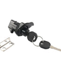Rugged Nylon Push Button Latches For Truck Storage And Electrical Enclosures With Low Profile Locking Mechanism Built To Withstand Humidity And Vibration For Heavy Toolbox Use, showing lock and keys with metal bracket.