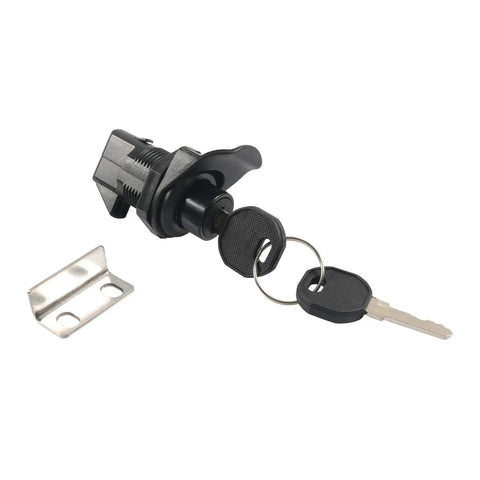 Rugged Nylon Push Button Latches For Truck Storage And Electrical Enclosures With Low Profile Locking Mechanism Built To Withstand Humidity And Vibration For Heavy Toolbox Use, showing lock and keys with metal bracket.