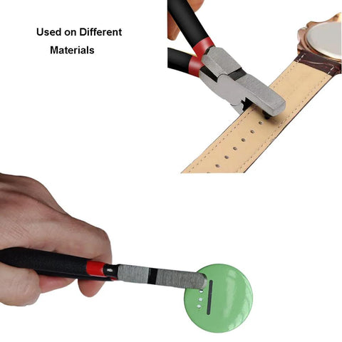PANSHIYON 2mm handheld hole punch punching holes in a leather watch band; plier-style tool with red and black handles.