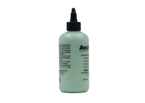 Side view of an 8 oz Anchorlube all-purpose metalworking compound bottle with black nozzle cap