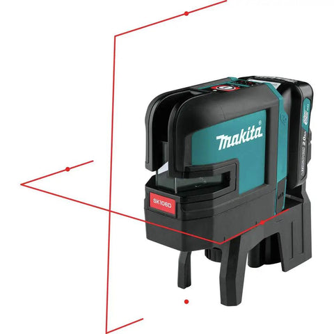 Dead On Accuracy 12V Cordless Self Leveling Laser Kit With Bright Red Cross Beams And Lightweight 2 Ah Battery, showing laser tool with red beams.