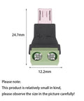 Micro USB Male To 2 Pin Screw Terminal Adapter Solderless Connector with green PVC copper wiring, front view dimensions 24.7mm x 12.2mm