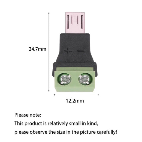 Micro USB Male To 2 Pin Screw Terminal Adapter Solderless Connector with green PVC copper wiring, front view dimensions 24.7mm x 12.2mm