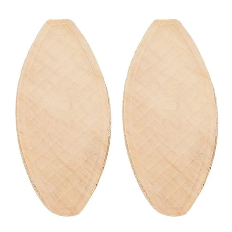Close-up of two oval beechwood biscuits from the Beechwood Pro-Grade Joining Biscuits 100 Pcs Oval Wood Joiner Set for Woodworking.