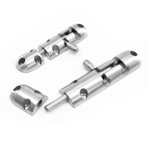 Heavy Duty Sliding Bolt Door Latch With Slick Automatic Return Action Stainless Steel Lock for patio and indoor doors.