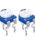Close-up of two blue and white potentiometers from Fifteen Value 100 Ohm To 2M Ohm Variable Resistor Potentiometer Kit, top view.