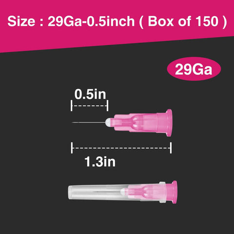Pro Grade 150 Pack 29 Gauge One Half Inch Sterile Disposable Luer Lock Needles for Lab and Medical Training image showing needle dimensions