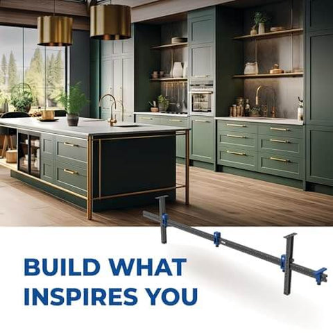 Luxury kitchen with modern cabinetry illustrating Cabinet Hardware Jig Pro XL Flexible Full Length To Compact Setup For Wide Pulls Or Knob Mounts Pro Grade Accuracy With Repeatable Stops And Modular Bar System For Easy Precise Cabinet Hardware Mounting product below.