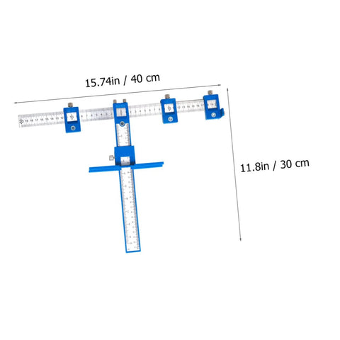 Adjustable Punching Tool For Woodworking Jig For Cabinet Handles with blue metal bars and rulers in 15.74in by 11.8in size.
