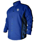 BXRB9C Contoured 9 Oz Flame Resistant Cotton Welding Jacket With Welder's Collar, X Large Royal Blue, side view with logo