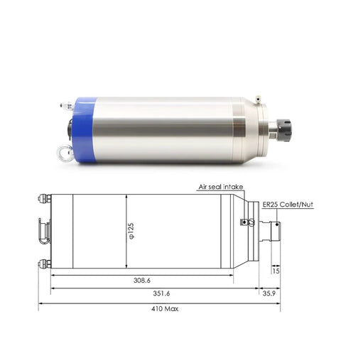 5.5KW Water Cooled Spindle Motor With ER25 Collet Runs From 800Hz To 24000RPM, showing side view and dimensions.