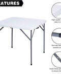 34-Inch Square Folding Table With Carrying Handle For Indoor Outdoor Picnics Parties Fold-In-Half Design displayed with features
