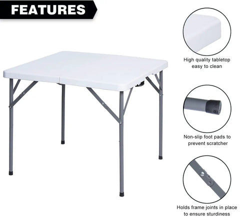 34-Inch Square Folding Table With Carrying Handle For Indoor Outdoor Picnics Parties Fold-In-Half Design displayed with features